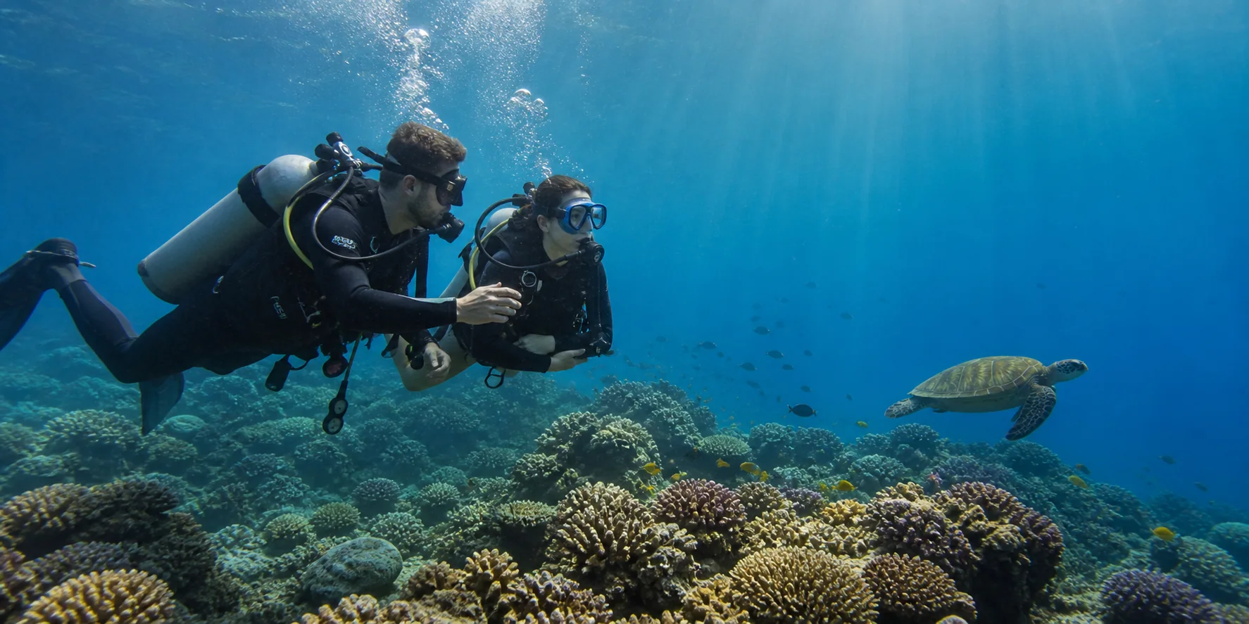 Instructor guiding a new diver