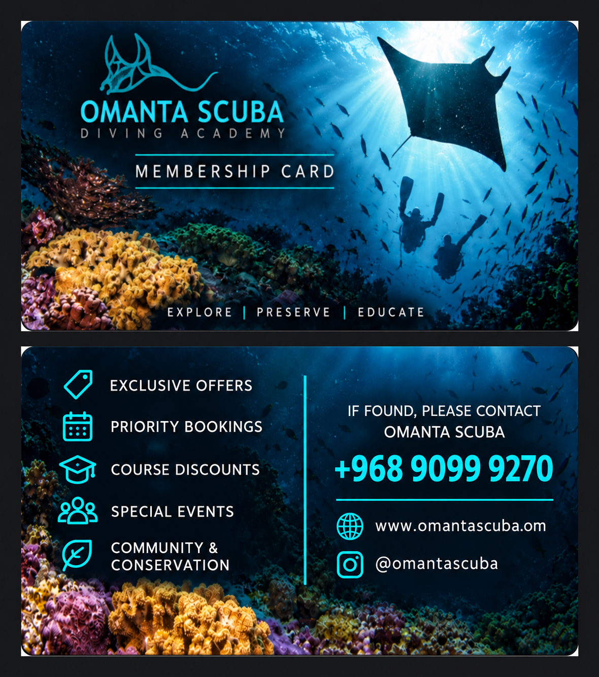 Front and back of the Omanta Scuba physical membership card